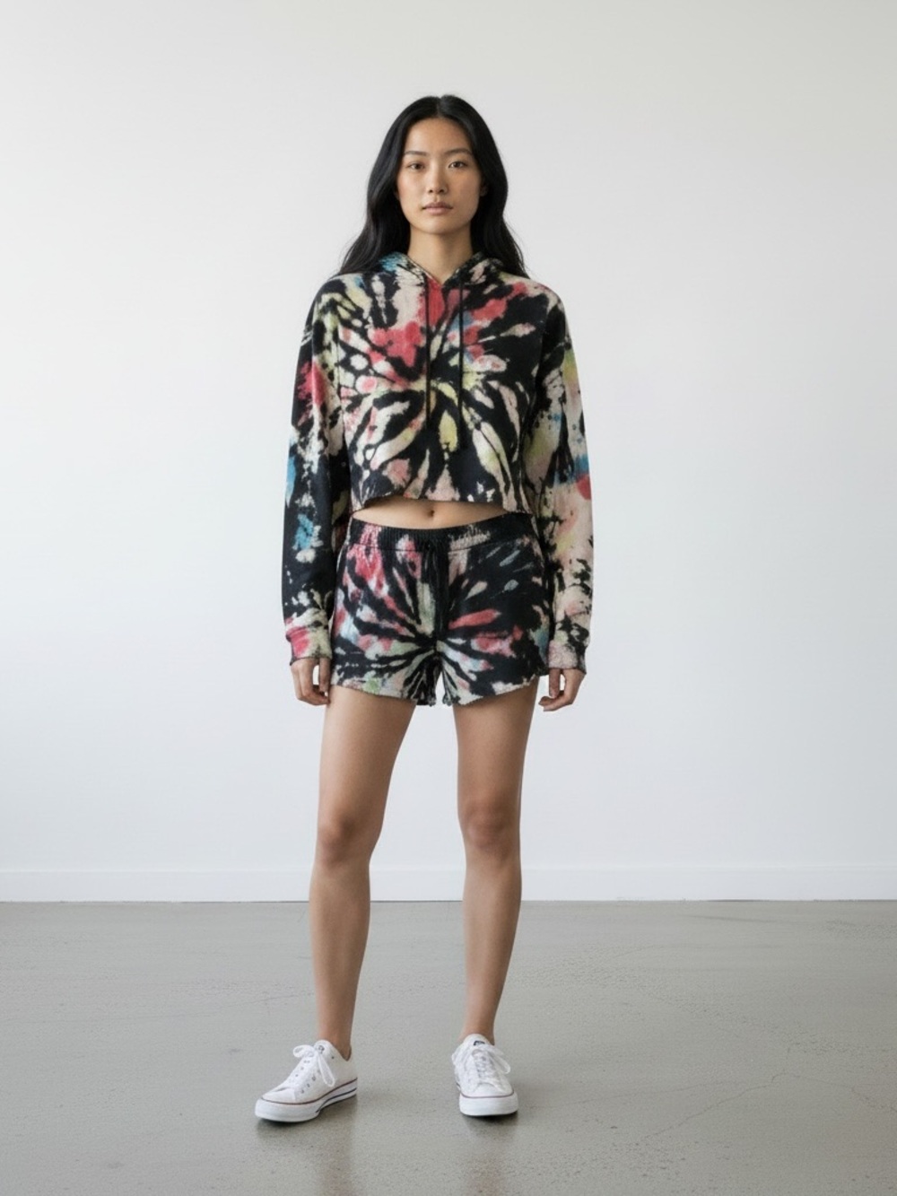 Wesley Set Black Multicolor tie dye Crop Top hoodie shorts bundle XS Sweater Gym